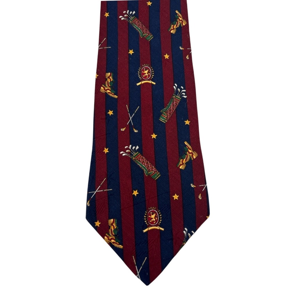 Vtg Tommy Hilfiger Mens Red Blue Striped Golf Club Silk Tie Crest USA 58"x3.75"